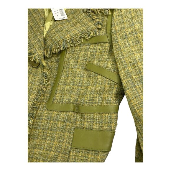 90s Blanc Noir Wool Blend Coat  Green Plaid Tweed Fringe Lightweight Juniors L - Picture 12 of 16